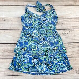 Lands End 2 Piece Swim Suit Sz 4‎ Blue Green Tankini Wireless Top Shorts Beach